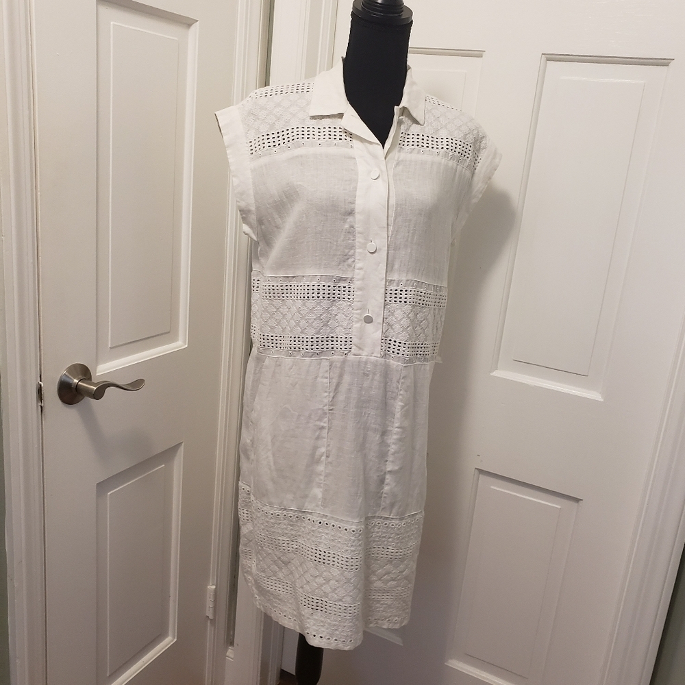 PENNYBLACK White Linen Dress Size 4, Preppy, Casual Embroidery